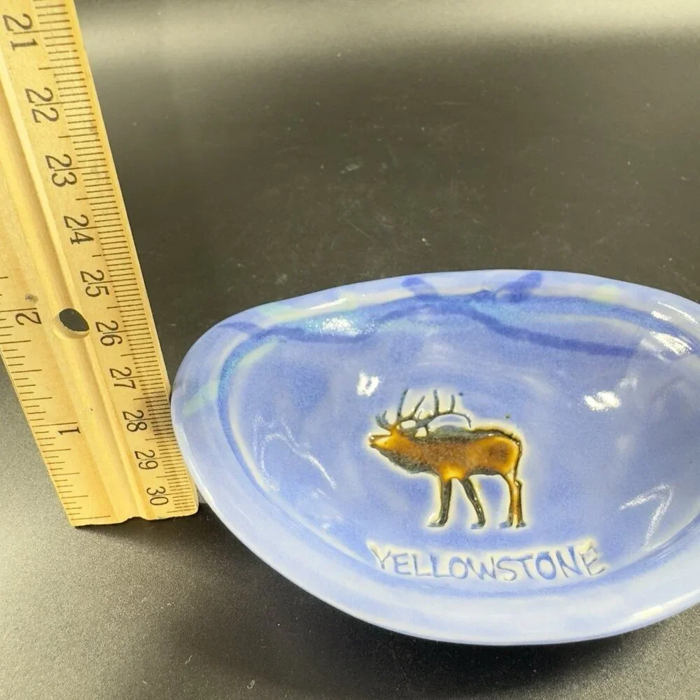 Vintage Yellowstone Pottery Ceramic Oval Trinket Holder Dish Small Plate Blue